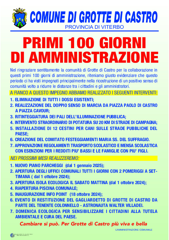 Primi 100 giorni di amminsitrazione